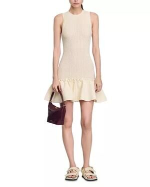 Sandro Paris Knit Mini Dress Ruffled Dress Drop Waist Pointelle Sleeveless Cream